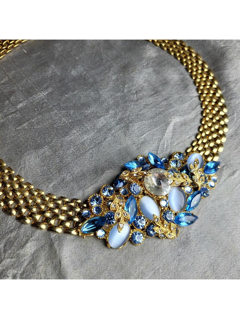 Vintage Style Gold Tone Necklace with Blue and Clear Rhinestones